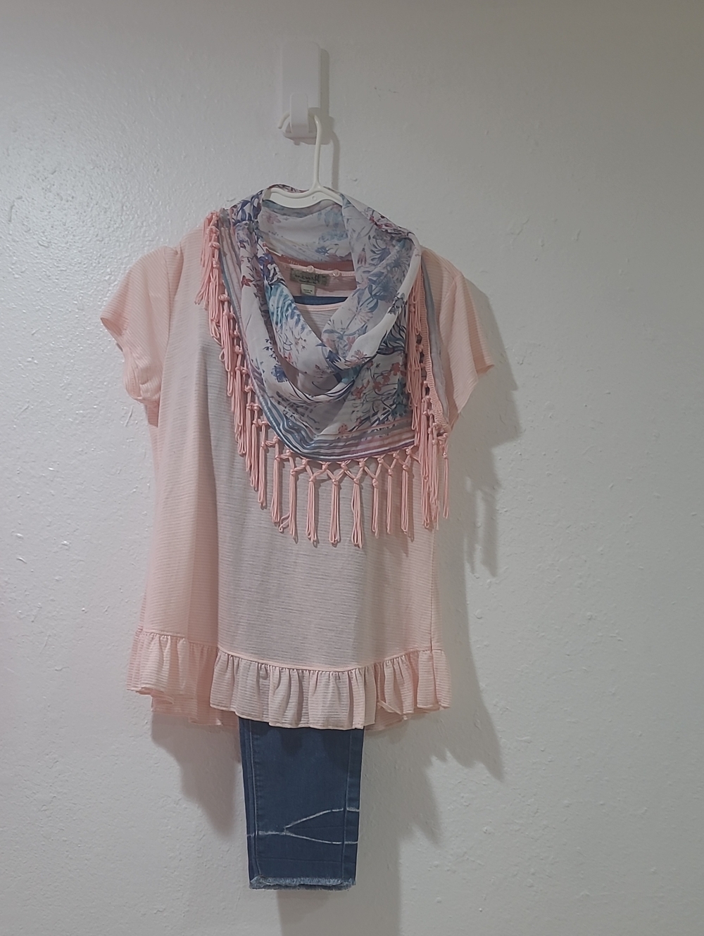 ONE WORLD Pale Pink Ruffle-Hem Tunic with Floral Fringe Scarf
